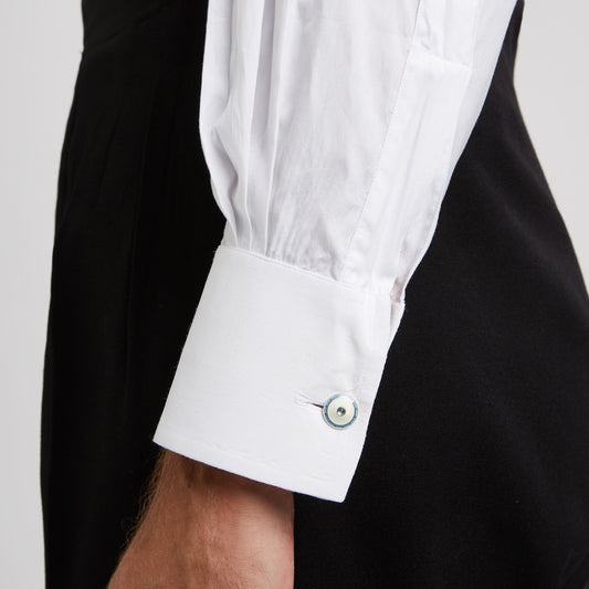 Classic Fit Plain Stiff Bib Neckband Double Cuff Dress Shirt in White cuff detail