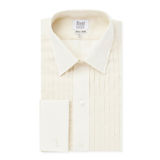 Classic Fit Hand Pleated Silk Double Cuff Dress Shirt in Cream