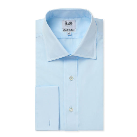 Classic Fit Plain Poplin Double Cuff Bank Collar Shirt in Sky Blue
