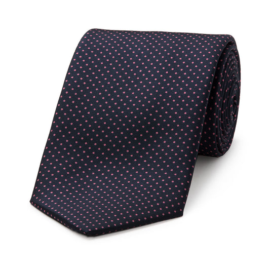 Small Spot Silk Tie in Navy and Pink