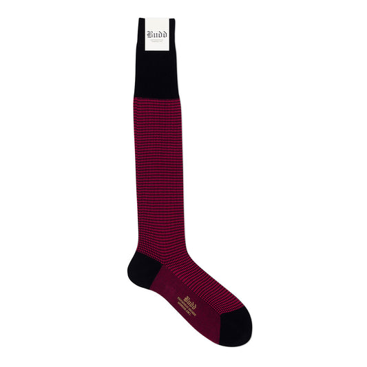 Cotton Lisle Long Fancy Dogtooth Socks in Navy and Magenta 