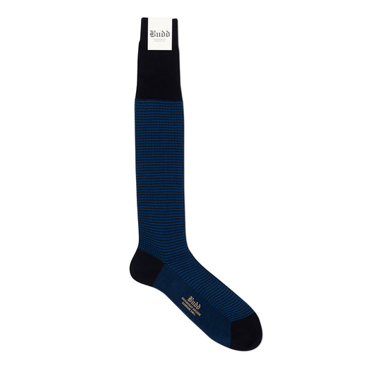 Cotton Lisle Long Fancy Dogtooth Socks in Navy and Cobalt 