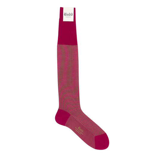 Cotton Lisle Long Fancy Dogtooth Socks in Magenta and Beige