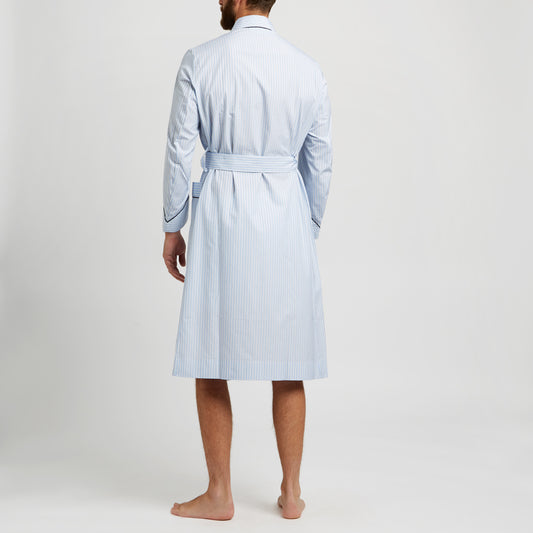 Exclusive Budd Stripe Cotton Dressing Gown in Sky Blue on model back