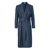 Navy wool dressing gown with red hand-piping