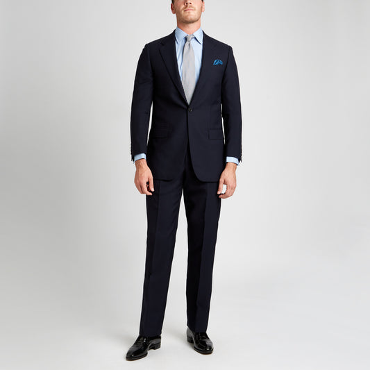 Classic Fit Exclusive End on End Sea Island Cotton Double Cuff in Blue on model in suit