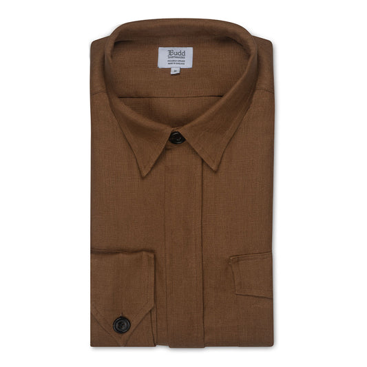 Plain Linen Button Cuff Safari Shirt in Brown