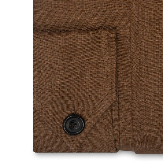 Plain Linen Button Cuff Safari Shirt in Brown Cuff