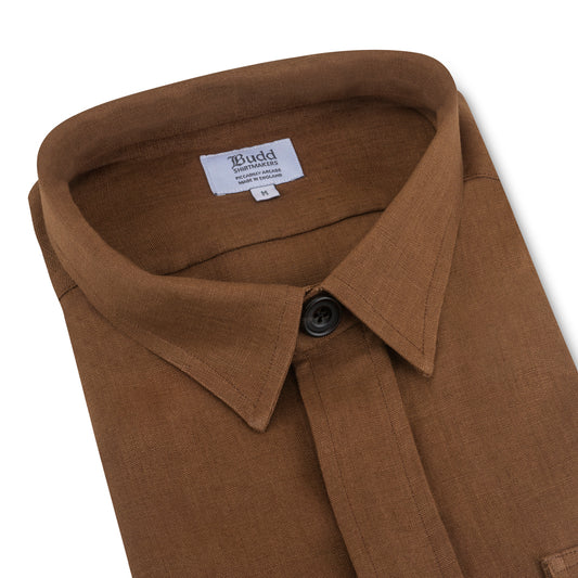 Plain Linen Button Cuff Safari Shirt in Brown Collar