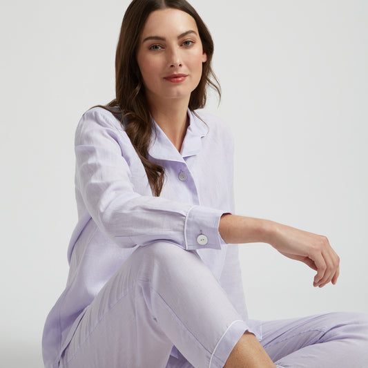 Plain Linen Women's Pyjamas in Lilac and White on model