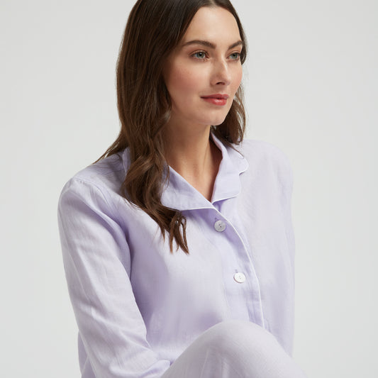 Plain Linen Women's Pyjamas in Lilac and White on model detail