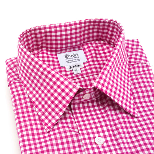 Classic Fit Check Zephyr Button Cuff Shirt in Magenta Collar