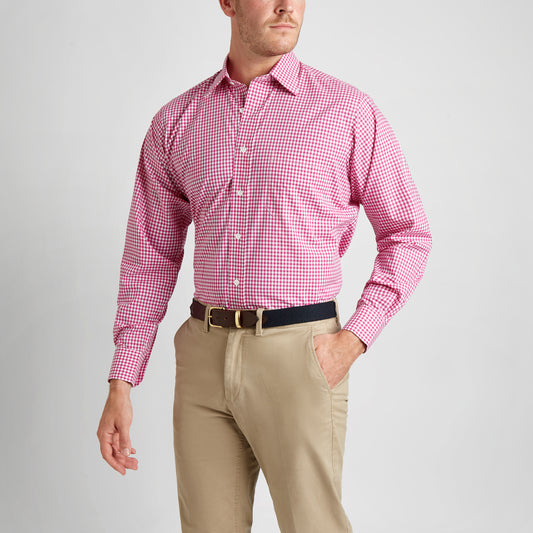 Classic Fit Check Zephyr Button Cuff Shirt in Magenta on model front