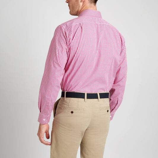 Classic Fit Check Zephyr Button Cuff Shirt in Magenta on model back