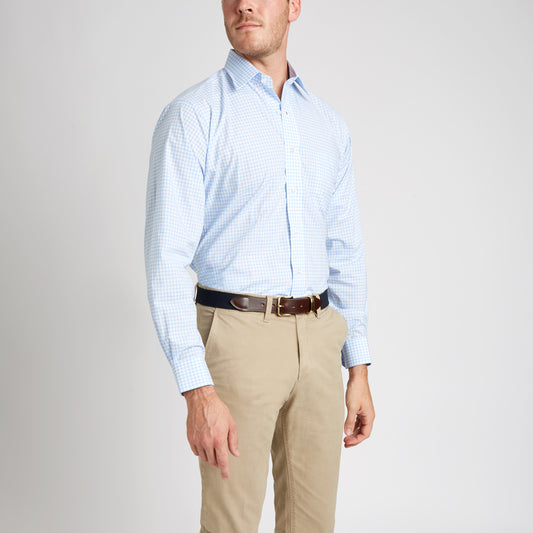 Classic Fit Check Zephyr Button Cuff Shirt in Sky Blue on model 