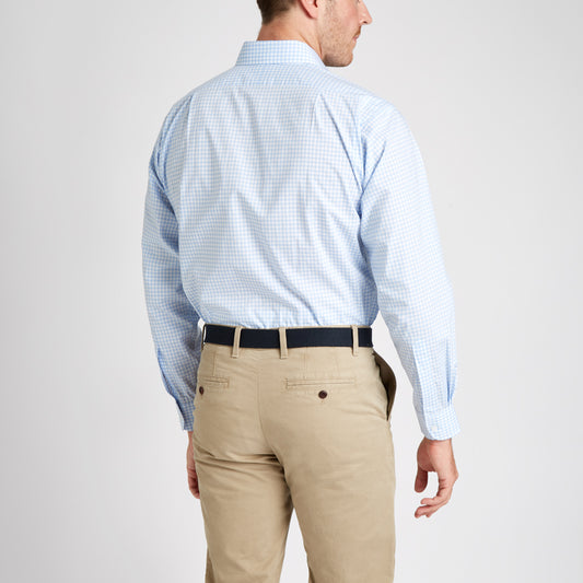 Classic Fit Check Zephyr Button Cuff Shirt in Sky Blue on model back