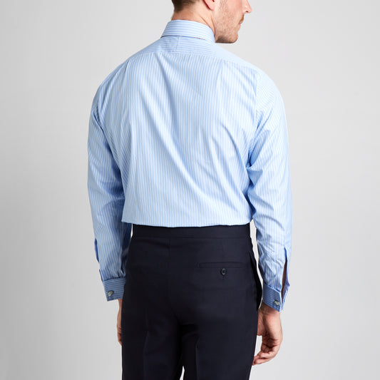 Classic Fit Sea Island Cotton Stripe Double Cuff Shirt in Blue and White on model back