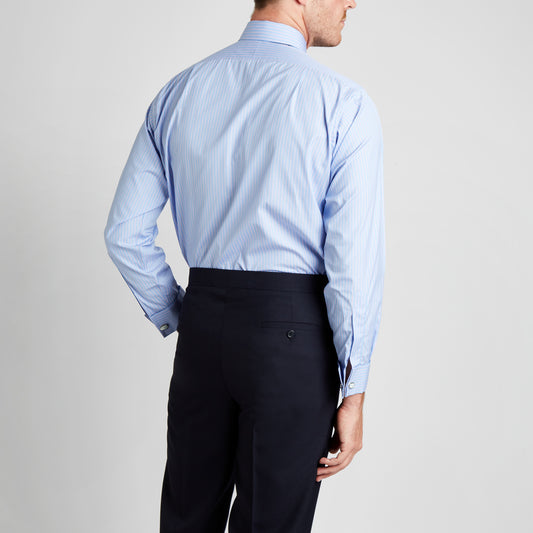 Classic Fit Sea Island Cotton Stripe Double Cuff Shirt in Blue and Pink on model back