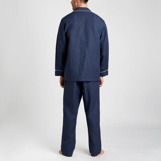 Plain Linen Pyjamas in Navy on model back