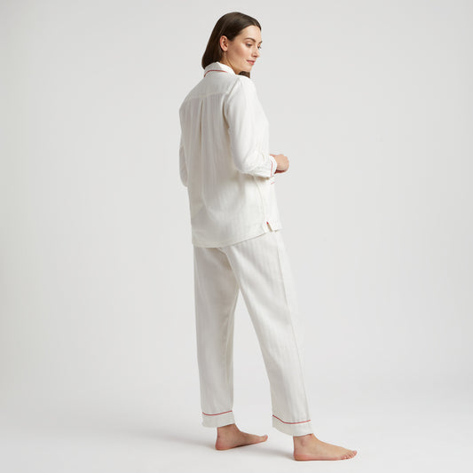 Exclusive Herringbone Cotton and Cashmere Women's Pyjamas in White and Red on model back