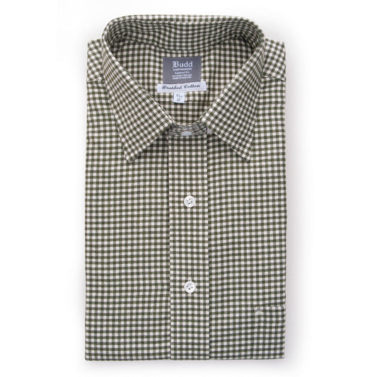 Tailored Fit Small Gingham Brushed Cotton Button Cuff Shirt in Green
