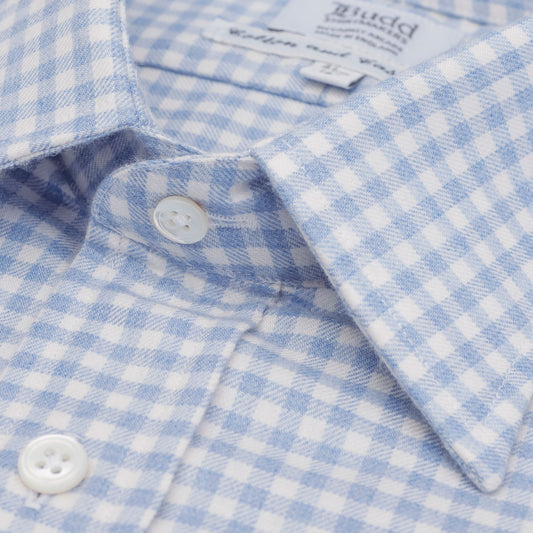 Classic Fit Block Check Cotton and Cashmere Button Cuff Shirt in Sky Blue