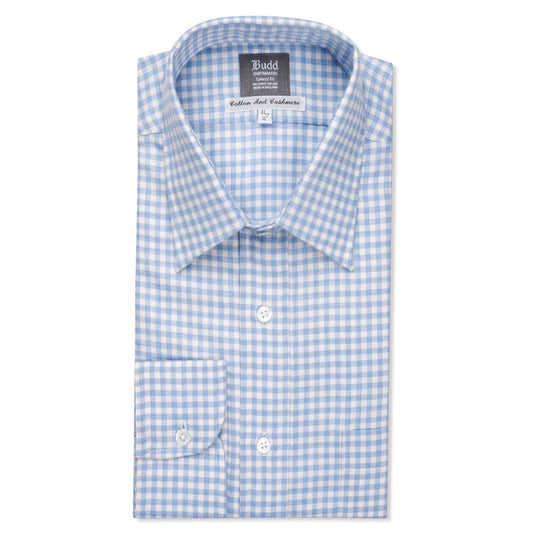 Tailored Fit Block Check Cotton & Cashmere Shirt in Sky Blue 