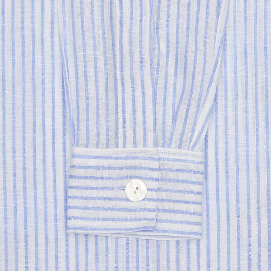 Bold Stripe Linen Women's Pyjamas in Blue and White Collar