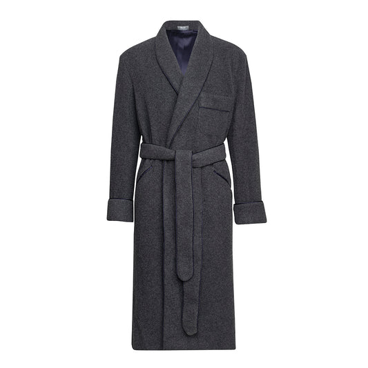 Plain Cashmere and Wool Dressing Gown in Charcoal and Navy