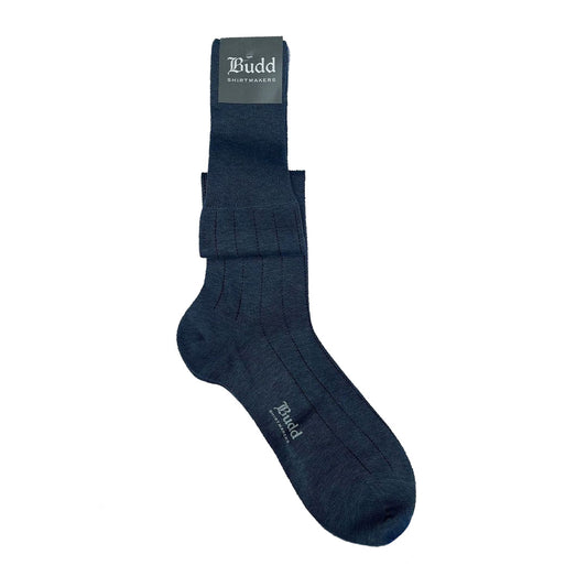 Vertical Stripe Cotton Long Socks in Mid Blue