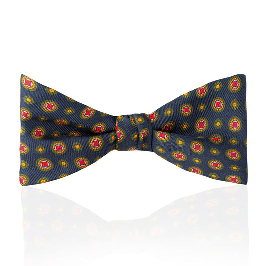 Motif Foulard Silk Thistle Bow Tie in Navy, Red, Yellow and Green Tied