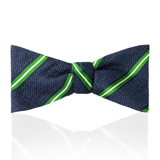Multi-Stripe Tussah Silk Thistle Bow Tie in Green and White Tied