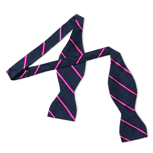 Multi-Stripe Tussah Silk Thistle Bow Tie in Magenta and White Untied