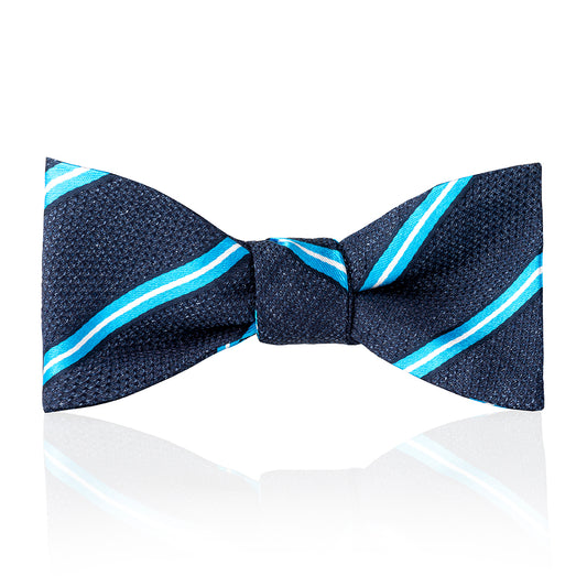 Multi-Stripe Tussah Silk Thistle Bow Tie in Sky and White