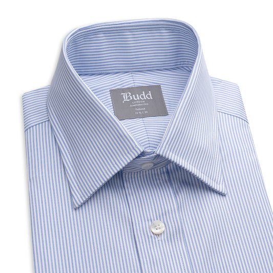 Tailored Fit Bengal Stripe Easy Care Twill Button Cuff Shirt in Sky Blue