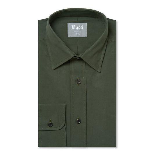 Tailored Fit Plain Peached Twill Button Cuff Shirt in Khaki