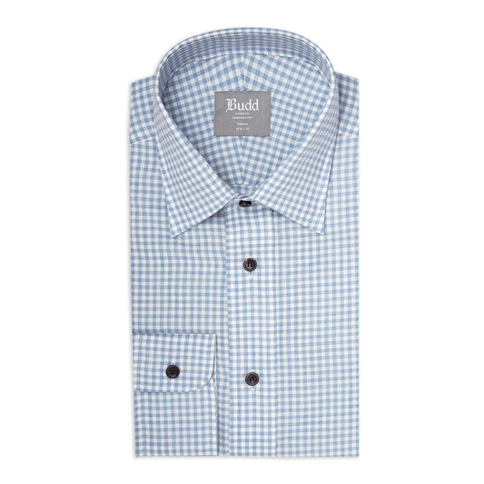 Tailored Fit Small Gingham Brushed Cotton Button Cuff Shirt in Sky Blue
