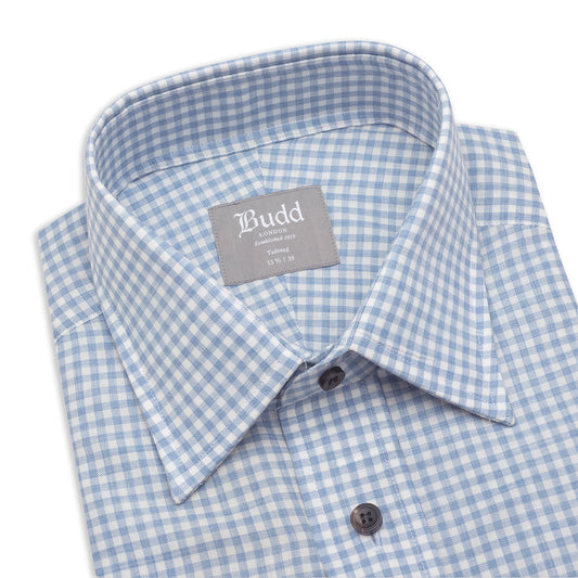 Tailored Fit Small Gingham Brushed Cotton Button Cuff Shirt in Sky Blue Collar