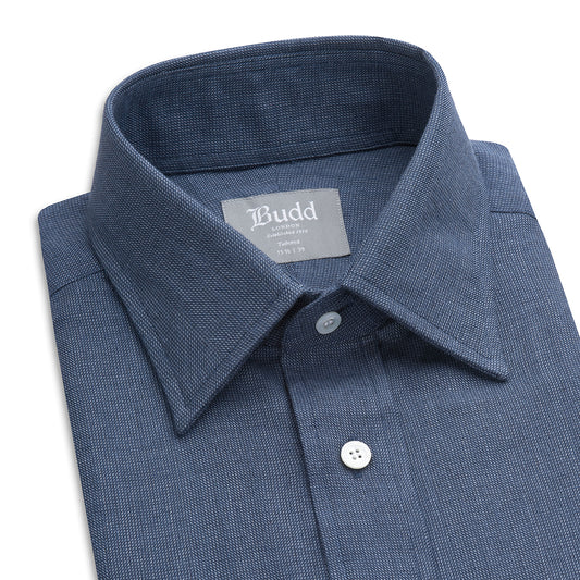Tailored Fit Micro Check Brushed Cotton Button Cuff Shirt in Blue collar detail