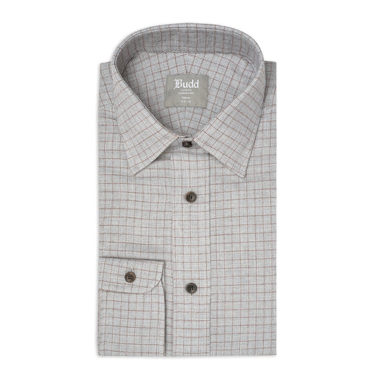 Tailored Fit Micro Houndstooth Brushed Cotton Button Cuff Shirt in Brown and Grey