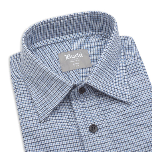 Tailored Fit Micro Houndstooth Brushed Cotton Button Cuff Shirt in Sky Blue and Navy