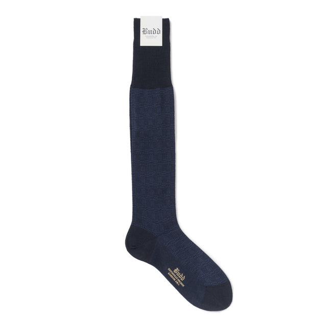 Prince Of Wales Check Cotton & Cashmere Long Socks in Navy and Blue