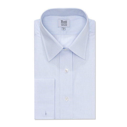 Classic Fit Grid Check Superpoplin Double Cuff Shirt in Sky Blue