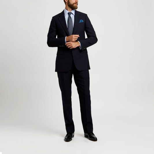 Tailored Fit Swiss Organic Pinpoint Double Cuff Shirt in Blue on model in suit