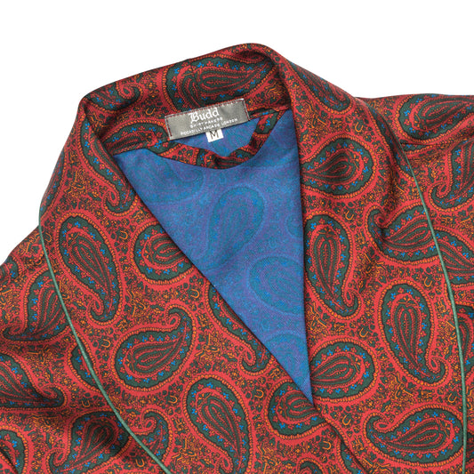 Ornate Paisley Madder Silk Dressing Gown in Red Collar