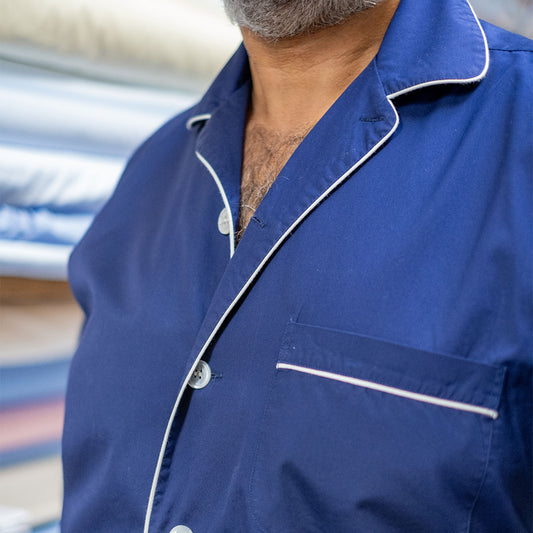 Plain Poplin Pyjama Shirt in Navy Collar Detail