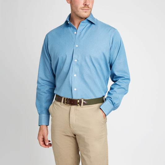 Classic Fit Plain Denim Button Cuff Shirt in Blue on model 