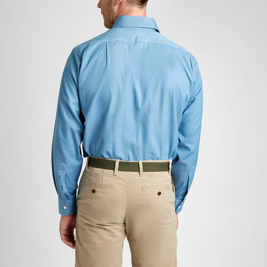 Classic Fit Plain Denim Button Cuff Shirt in Blue on model back 