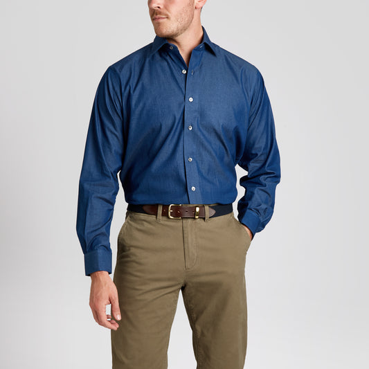 Classic Fit Plain Denim Button Cuff Shirt in Dark Blue on model front