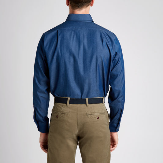 Classic Fit Plain Denim Button Cuff Shirt in Dark Blue on model back